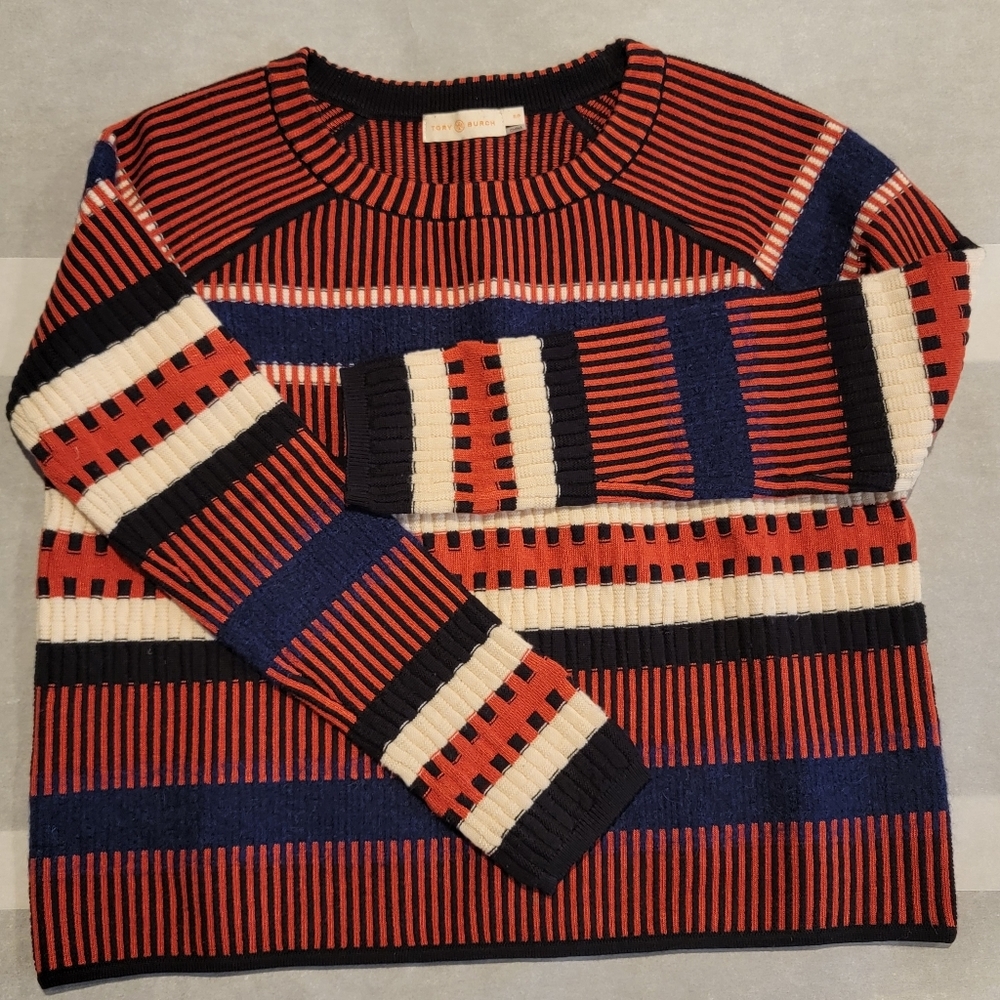 Tory Burch Striped Scoop Neck Wool Sweater Women's Small